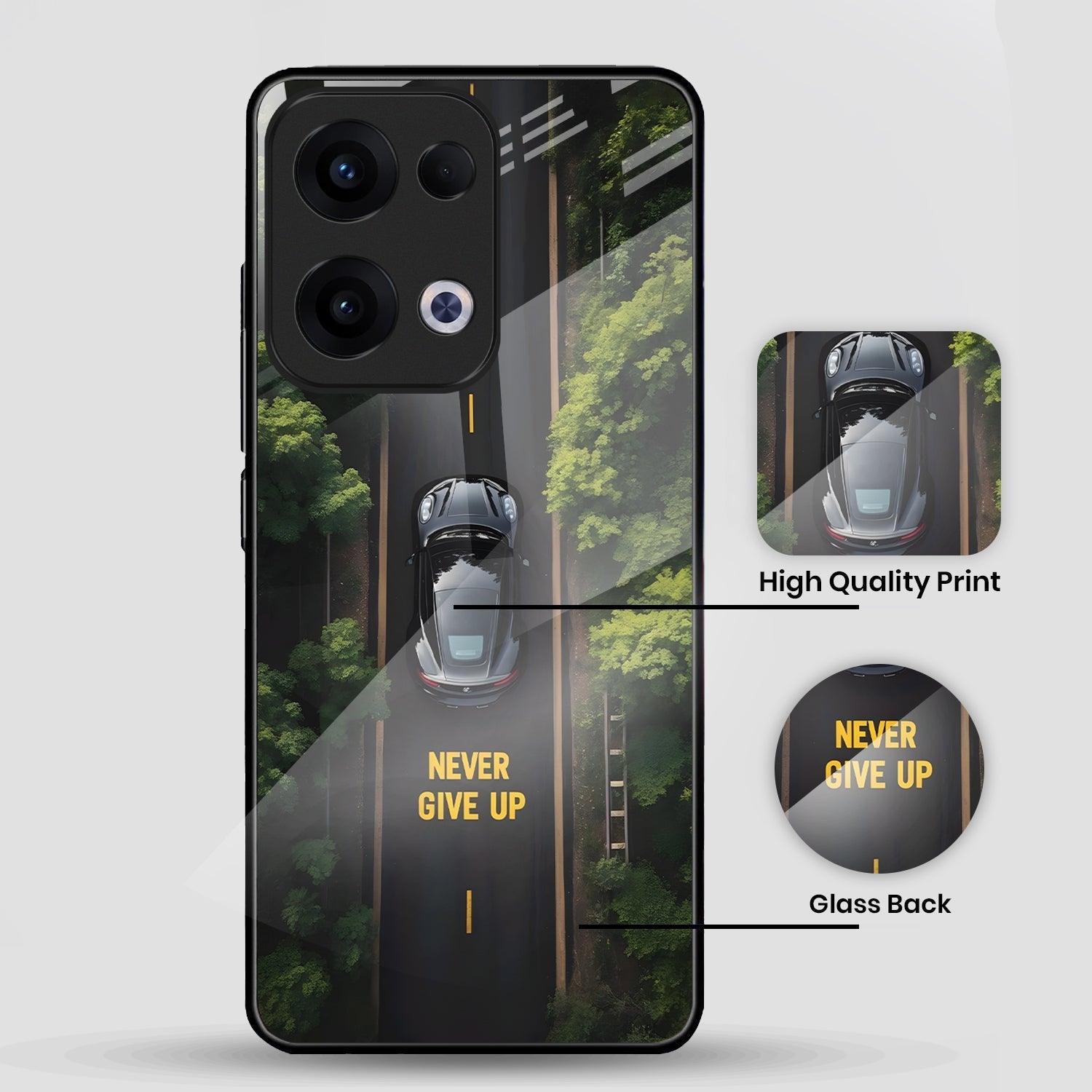 Oppo Reno 13 5G Premium Acrylic Shockproof Glass Back Case (Road Never Give up)