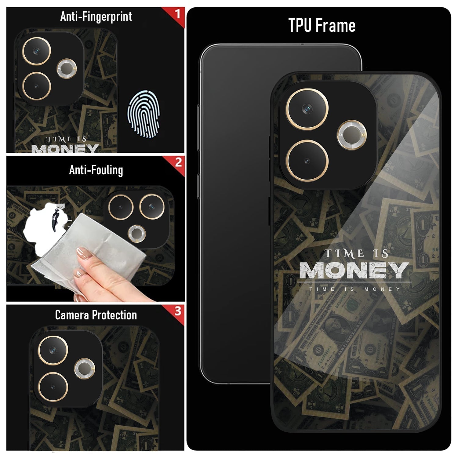 Oppo A5 Pro 5G Premium Acrylic Shockproof Glass Back Case (Time is Money )