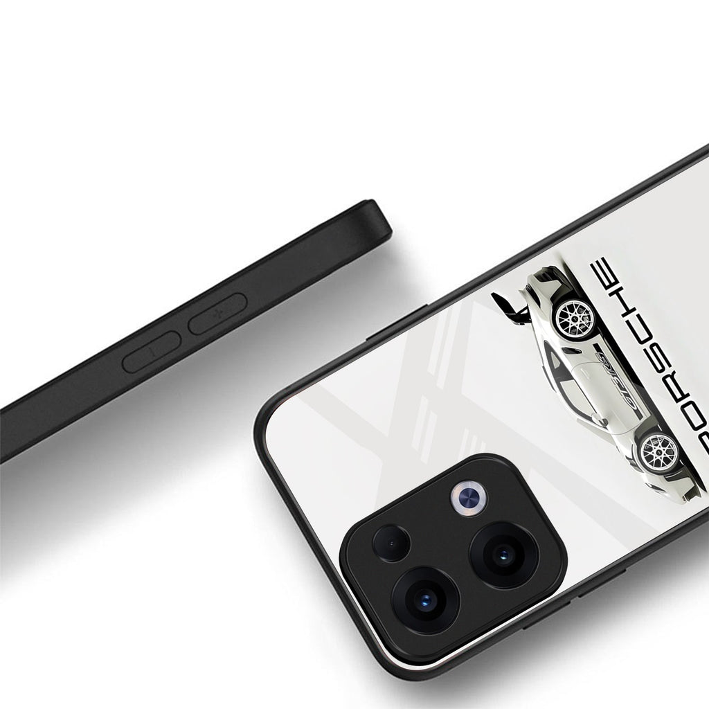 Oppo Reno 13 5G Premium Acrylic Shockproof Glass Back Case (White Porsche)