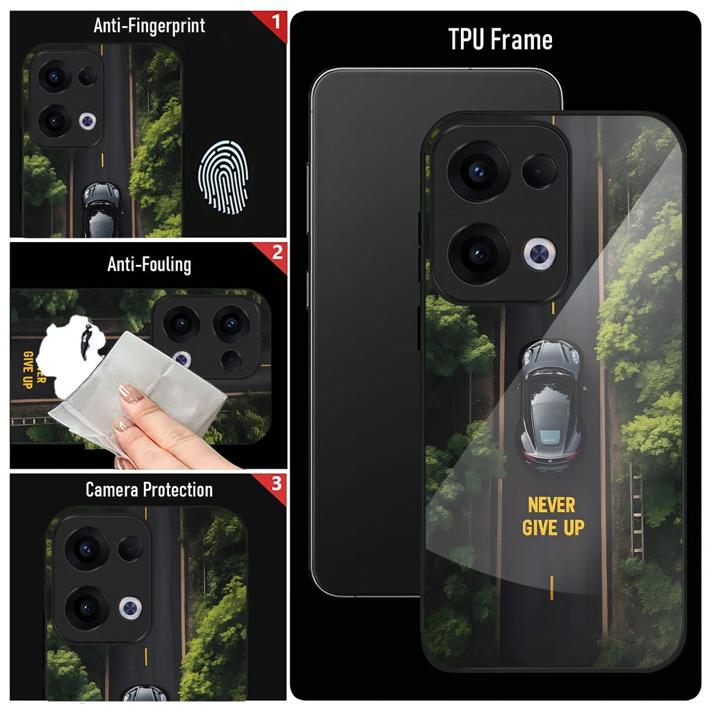 Oppo Reno 13 5G Premium Acrylic Shockproof Glass Back Case (Road Never Give up)