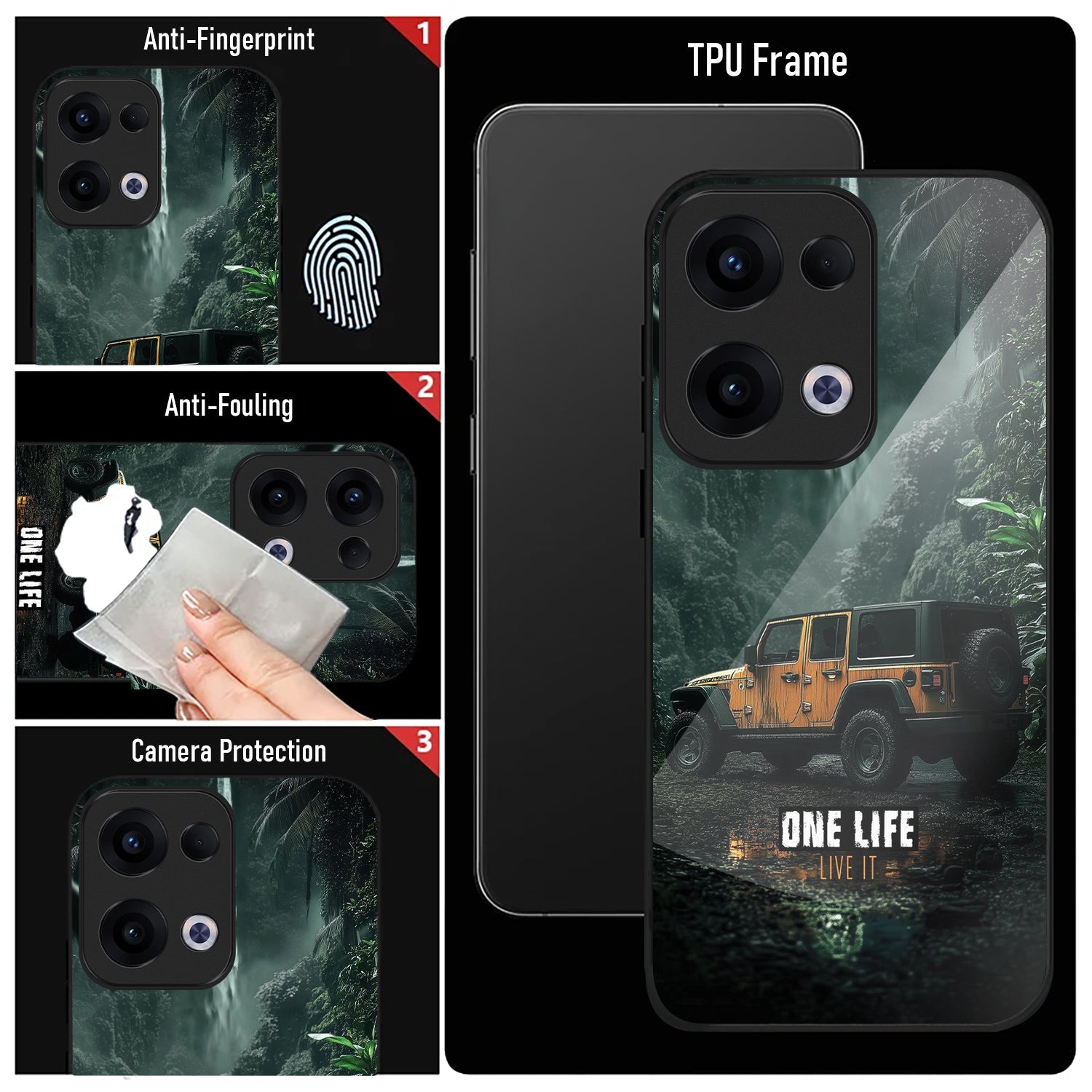 Oppo Reno 13 5G Premium Acrylic Shockproof Glass Back Case (Jeep Case)