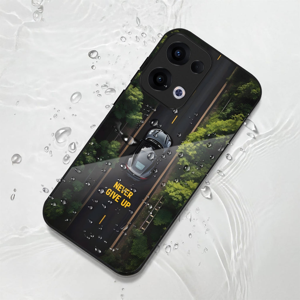 Oppo Reno 13 5G Premium Acrylic Shockproof Glass Back Case (Road Never Give up)