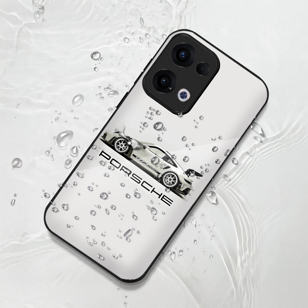 Oppo Reno 13 5G Premium Acrylic Shockproof Glass Back Case (White Porsche)